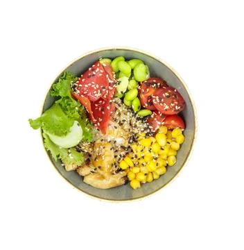 Bowl with edamame beans, fish, corn and lettuce. Isolate on a white background. Stock Photos