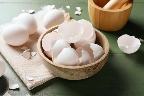 Bowl with egg shells and mortar on wooden background Foto stock