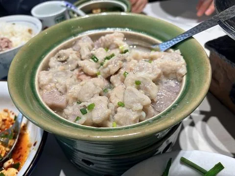 A bowl of fish ball soup with green onions. Stock-Fotos