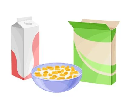 Bowl Full of Breakfast Corn Flakes with Milk and Carton Packages Rested Nearby Stock Illustration