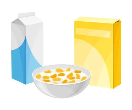 Bowl Full of Breakfast Corn Flakes with Milk and Carton Packages Rested Nearby Stock Illustration