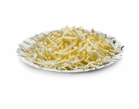Bowl of grated cheese on white background Stock Photos