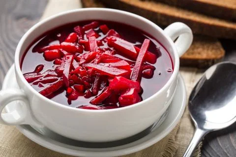 Bowl of red beetroot soup Stock Photos