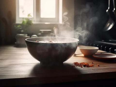 A bowl of steaming soup in a cozy kitchen Stock Photos