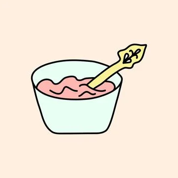 Bowl with strawberry or raspberry jam or marmalade and spoon, doodle style flat Stock Illustration
