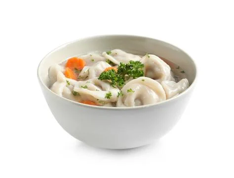 Bowl of tasty dumplings in broth isolated on white Stock Photos