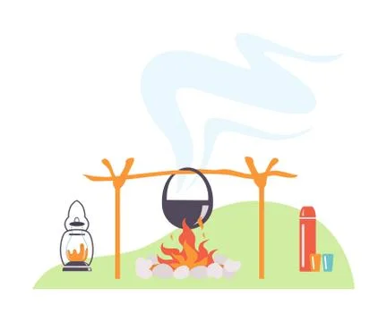Bowler hat hangs over a bonfire. Vector illustration. イラスト素材