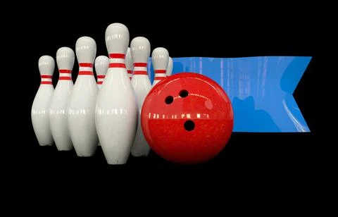 Bowling background with bowling ball and skittles and blue sign Stock Illustration