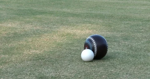 Bowling ball come to rest next to the jack in lawn bowls Stock Footage 124001463