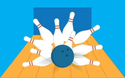 Bowling ball getting a strike with pins sent flying Stock Illustration
