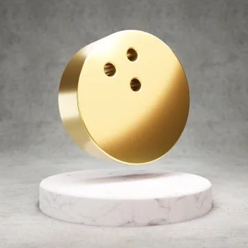 Bowling Ball icon. Shiny golden Bowling Ball symbol on white marble podium. Stock Illustration