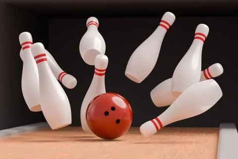 Bowling ball is knocking down pins (Strike). 3D rendered illustration. Stock Illustration