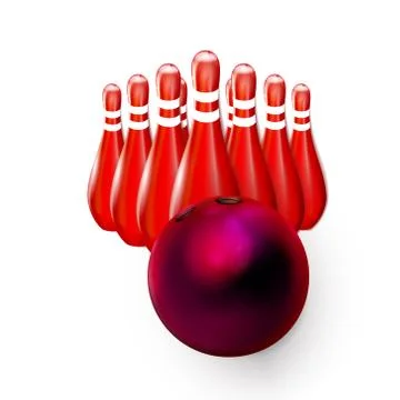 Bowling Ball red 3D and Pins, skittles realistic. Illustration vector Stock Illustration