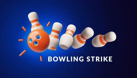 Bowling ball strike hit falling pin skittles, 3D bowling play target, winning Stock Illustration