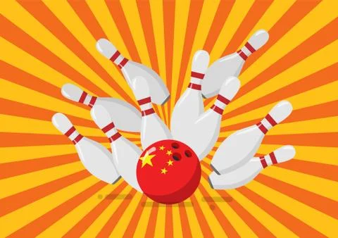 Bowling ball with the United State flag breaks bowling pins Stock Illustration