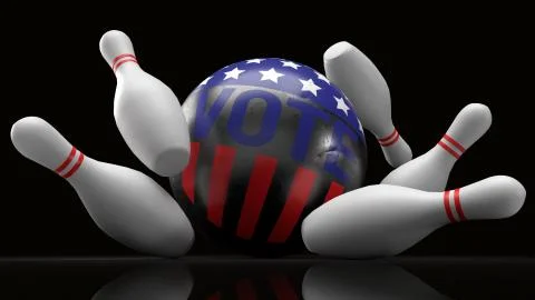 Bowling ball vote logo  strike pin hit strike for democracy content 3d render Stock Illustration