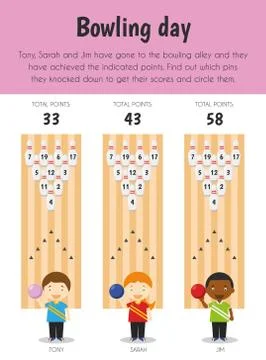 Bowling day Educational Sheet. Primary module for Numerical Ability. 5-6 year Illustrazione stock