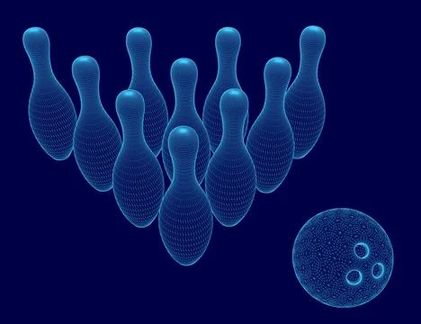 Bowling game with a blue background and a bowling ball and a set of bowling pins Stock Illustration