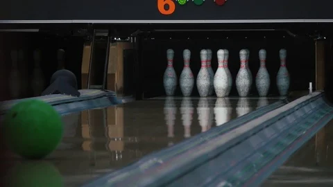 Bowling game. Path. The ball breaks skittles Stock Footage 123897730