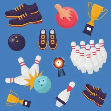 Bowling game vector pattern on blue background. Flat design of sport shoes, ten Stock-Illustration