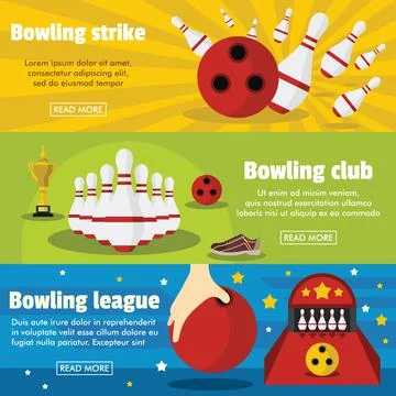 Bowling horizontal banners set with bowling champ club and leagues symbols 스톡 일러스트
