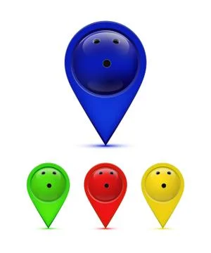 Bowling map pin set. Vector shiny signs with bowling ball for map isolated on Stock Illustration