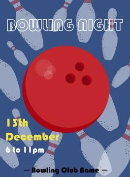 Bowling night poster template. Bowling ball and pins on blue background. Illustrazione stock