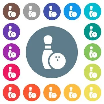 Bowling pin and ball solid flat white icons on round color backgrounds 库存插图