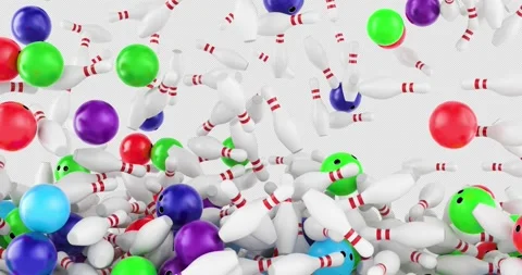 Bowling pins and balls falling down and filling the screen with alpha chann.. Stock Footage 318742341