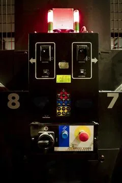 Bowling pinsetter machine control panel. Mechanic room Stock Photos