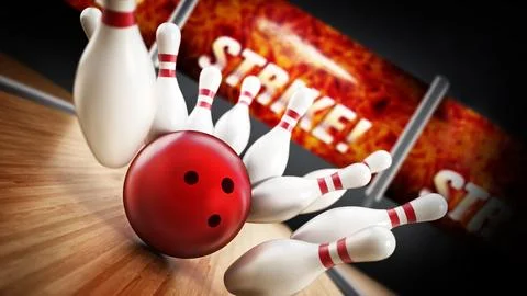 Bowling strike concept with rolling ball and pins. 3D illustration Illustrazione stock