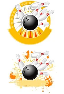 Bowling strike emblems round shape and with splash Stock Illustration