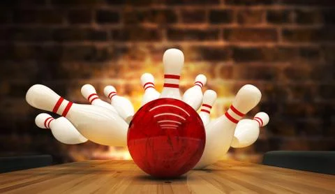 Bowling strike hit. 3D rendered Stock Illustration