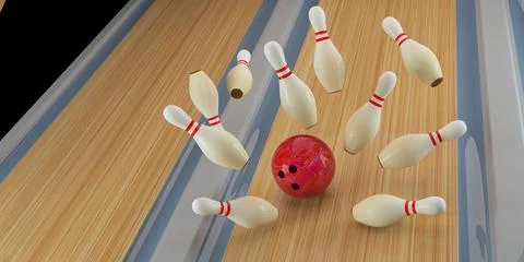 Bowling strike. Skittles and bowling ball on the track Stock Illustration