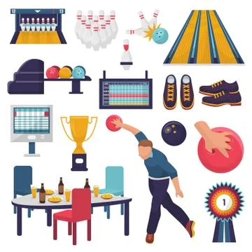 Bowling vector man character plays kegling game with bowlingball on alley and Stock Illustration