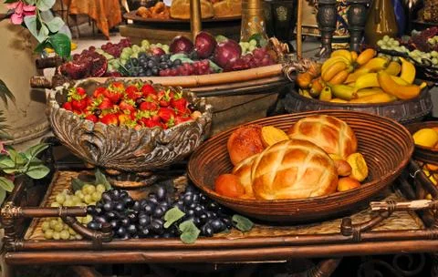 Bowls of Fruit an Bread Stock Photos