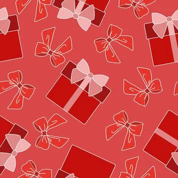 Bows and gift boxes seamless pattern. Vector red and pink Template for Wrap.. Stock Illustration