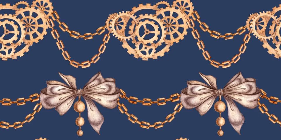 Bows gear chain pattern on blue watercolor background イラスト素材