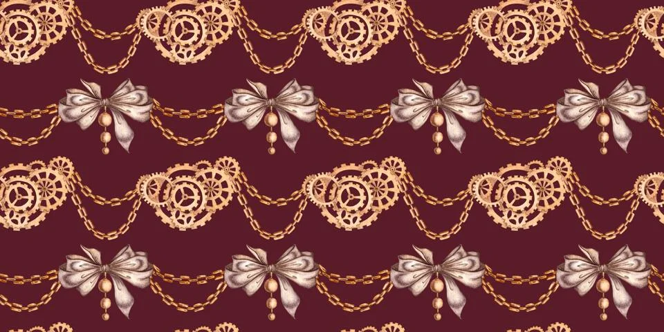 Bows gears and chains pattern on burgundy watercolor background イラスト素材