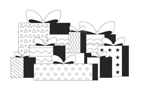 Bows gift boxes stack black and white 2D line object Stock Illustration