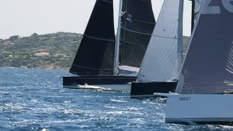 Bows of sailing boats navigating during regatta. Stock Footage 84901986