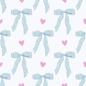 Bows seamless pattern. Cute romantic polka dot bows and hearts ornament. Stock Illustration