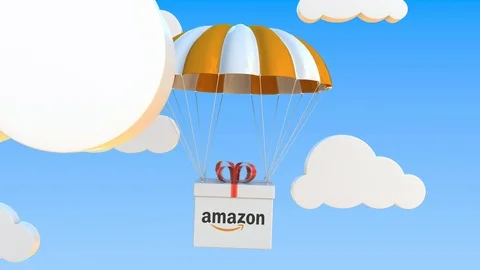 Box with AMAZON logo falls with a parachute. Editorial loopable 3D animation Stock Footage 122768599