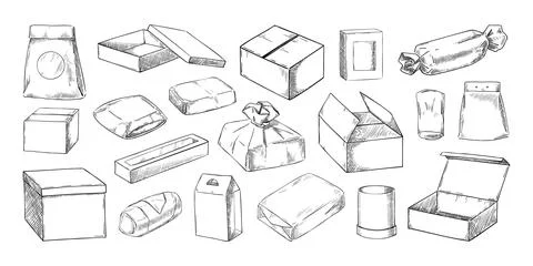 Box and package sketch. Hand drawn open and closed delivery containers and Stock Illustration