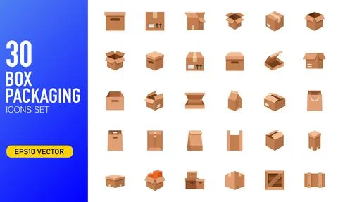 Box and packaging icon set in flat style. Stock Illustration