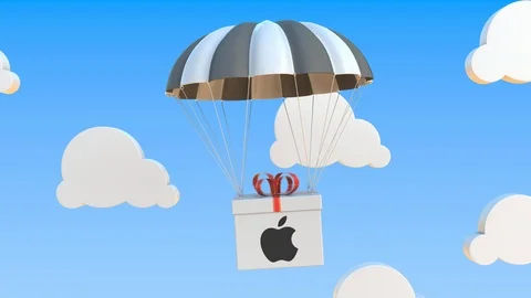 Box with APPLE INC logo falls with a parachute. Editorial loopable 3D animation Stock Footage 122768742