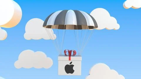 Box with APPLE INC logo falls with a parachute. Editorial 3D rendering Stock Illustration