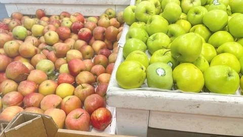 A box of apples sits next to a box of green apples Stock Photos