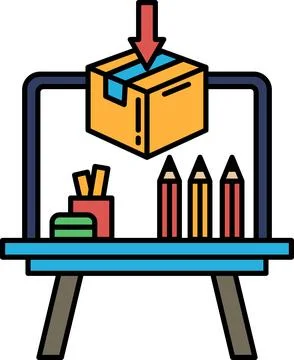 A box is being pulled out of a box, and a pencil is on the table Illustrazione stock