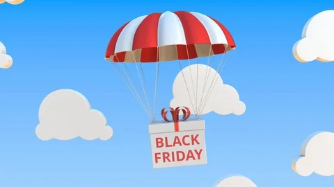 Box with BLACK FRIDAY text falls with a parachute. Loopable conceptual 3D Stock Footage 123535407